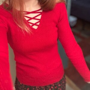 Red Crisscross Knit Long-sleeve